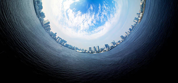 Circle panorama of urban city skyline Circle panorama of urban city skyline, such as if they were taken with a fish-eye lens wide angle photos stock pictures, royalty-free photos & images