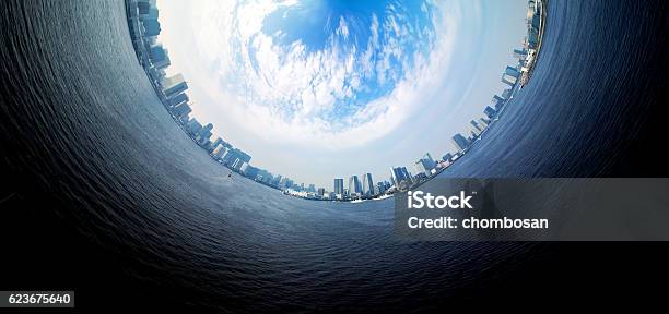 Circle Panorama Of Urban City Skyline Stock Photo - Download Image Now - Circle, City, Globe - Navigational Equipment