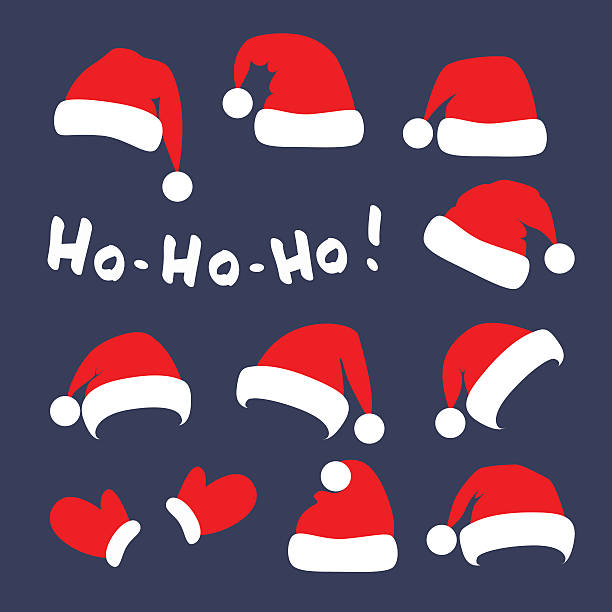 Santa Claus red hats, mittens and lettering Ho Ho Ho. Santa Claus red hats, mittens and lettering Ho Ho Ho. Vector set, isolated on dark background. Designer for Christmas and New Year poster, card, invitation and tag. hat stock illustrations