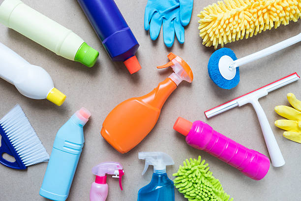istock House cleaning product on wood table 623679132