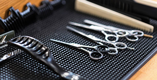 istock Top view of professional barbers equipment 623682972