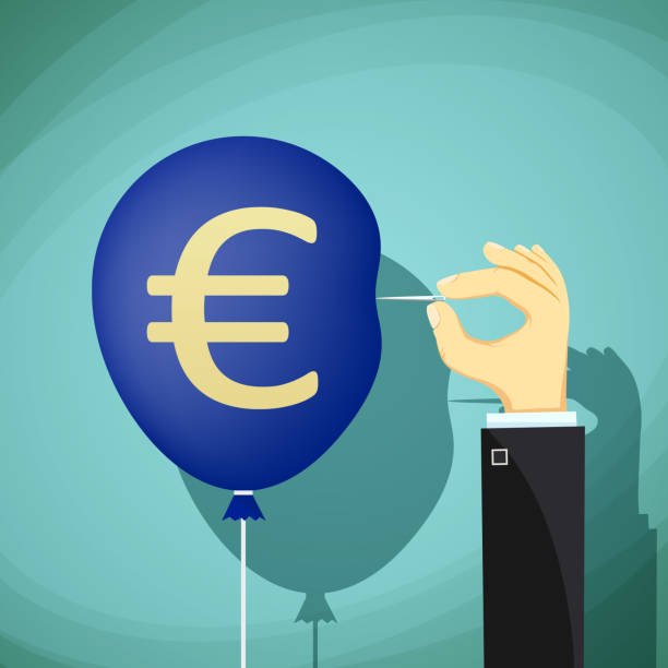 istock Hand with needle pierces the balloon. Euro currency symbol. 623683930