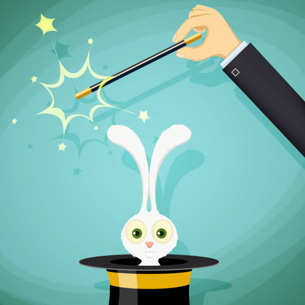 ilustrações de stock, clip art, desenhos animados e ícones de magician with magic wand and a rabbit in a hat. - hat trick