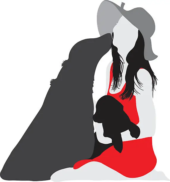 Vector illustration of Silhouette of beautiful woman with hat and dogs