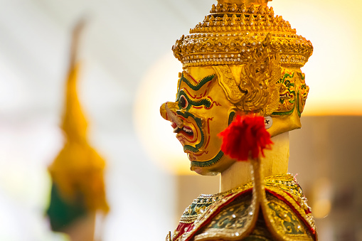 Bangkok, Thailand - January 16 2016: Thai traditional puppet play displayed openly for public at Thai Cultural Center in a campaign for the conservation of Thai traditional performing arts