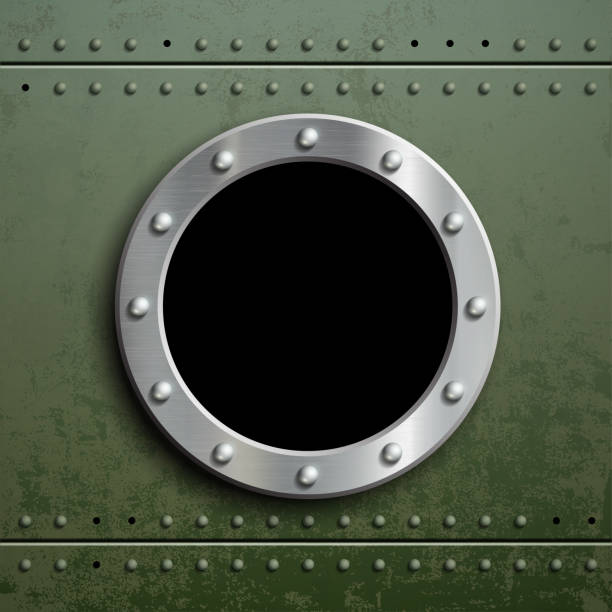 Round window porthole on green metal background. Military armor with camouflage. Stock vector illustration