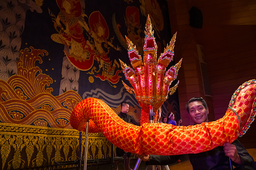 Bangkok, Thailand - January 16 2016: Thai traditional puppet play displayed openly for public at Thai Cultural Center in a campaign for the conservation of Thai traditional performing arts