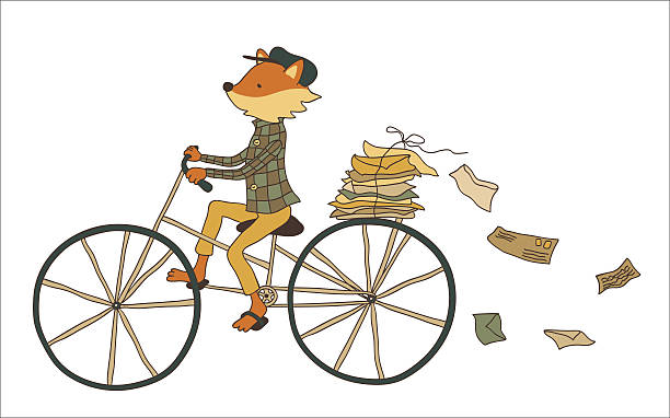 ilustraciones, imágenes clip art, dibujos animados e iconos de stock de fox carring post - bicycle characters postal worker sketch