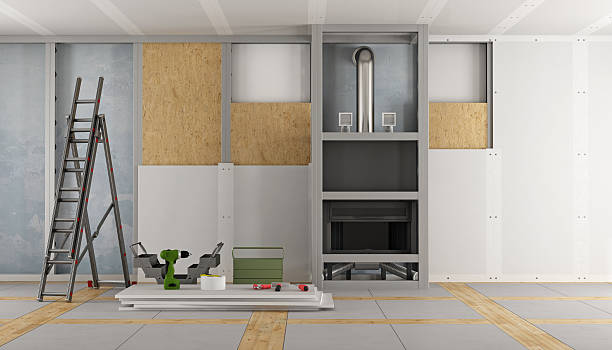 Renovation of an old house with fireplace Renovation of an old house and fireplace paneling with drywall panels- 3d rendering drywall fireplace stock pictures, royalty-free photos & images