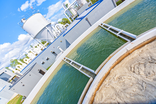Angled view of a water treatment plant at a cleaning station.