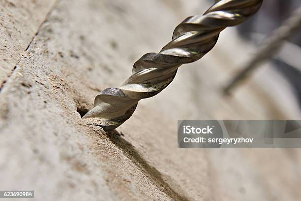 Big Drill Bit In Hole Of Concrete Stock Photo - Download Image Now - Drill, Concrete, Wall - Building Feature