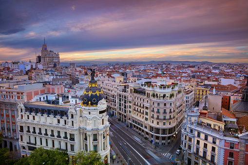 Cityscape image of Madrid, Spain during sunset.