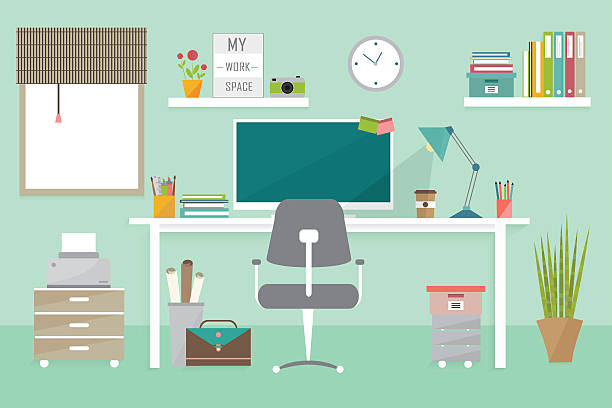 stockillustraties, clipart, cartoons en iconen met workplace concept, modern home office interior, freelance office - office at home