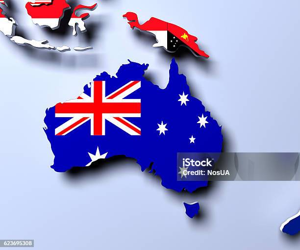 3d Flag Map Of Australia Render Stock Photo - Download Image Now - Australasia, Australian Flag, Cartography