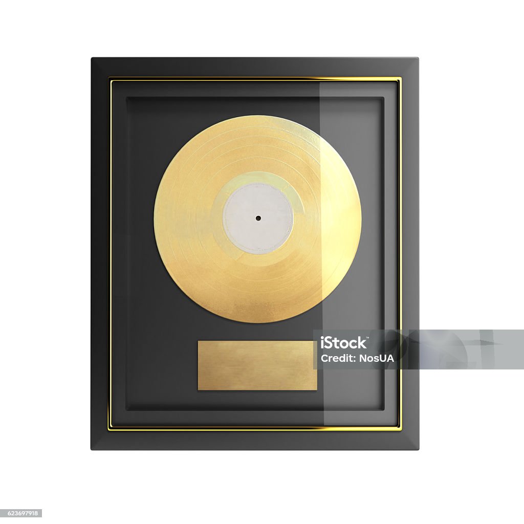 Gold CD prize with label 3d render Record - Analog Audio Stock Photo