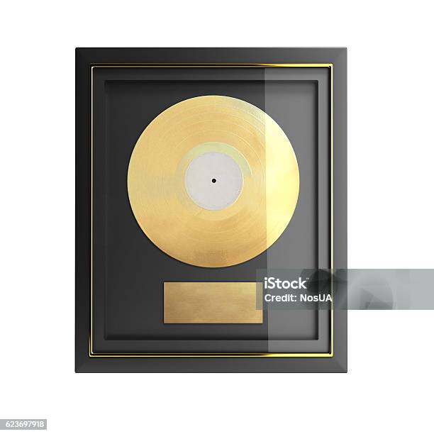 Gold Cd Prize With Label 3d Render Stock Photo - Download Image Now - Record - Analog Audio, Gold - Metal, Gold Colored