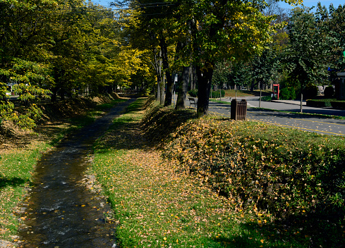 river, park, promenade, fall
