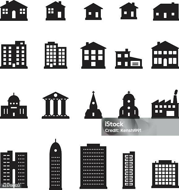 Ilustración de Conjunto De Iconos De Edificios Vector y más Vectores Libres de Derechos de Ícono - Ícono, Arquitectura exterior, Casa