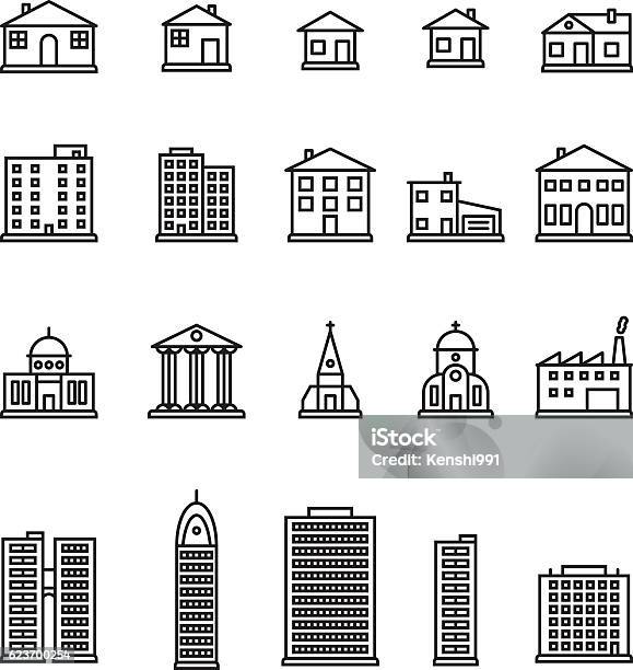 Buildings Thin Line Icon Set Vector Stock Illustration - Download Image Now - House, In A Row, Building Exterior