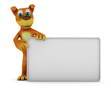 3D rendering of a charming smiling cartoon bear holding a blank sign in his hand. White background.