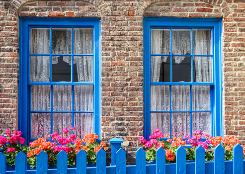 Victorian terraced brick town cottage front with garden flowes.