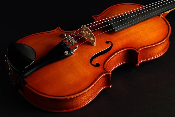 Violin Close-Up on Black A violin body is shown on a black background. violin f hole stock pictures, royalty-free photos & images