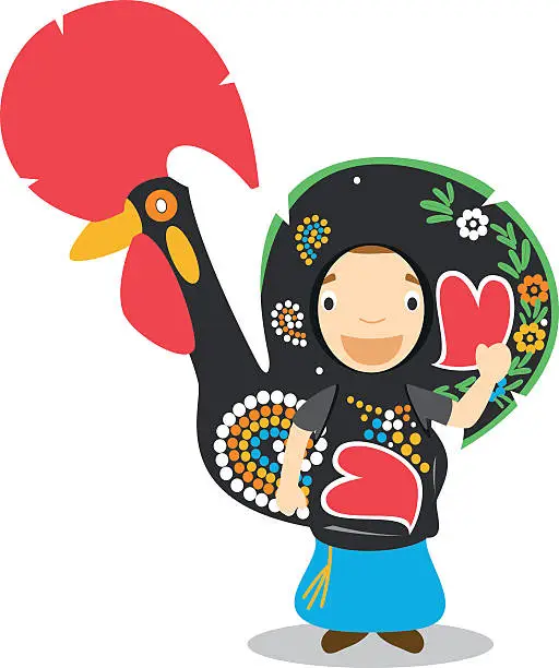 Vector illustration of Character from Portugal disguised as typical Barcelos rooster. Vector Illustration