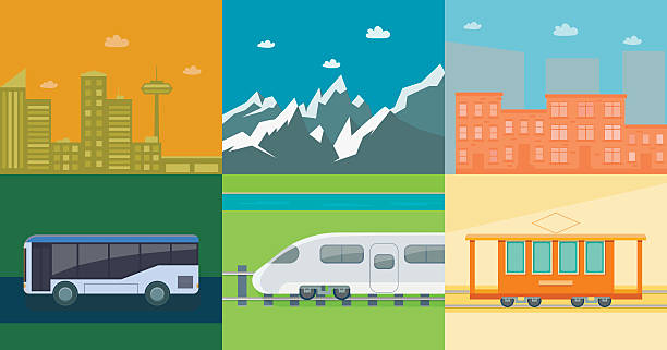 ilustrações de stock, clip art, desenhos animados e ícones de set of flat public transport - train people cable car transportation