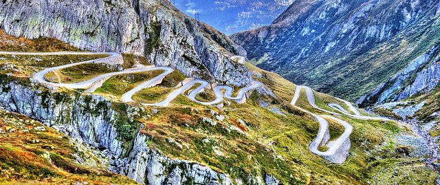 Serpentine road leading to the St. Gotthard pass in the Swiss Alps
