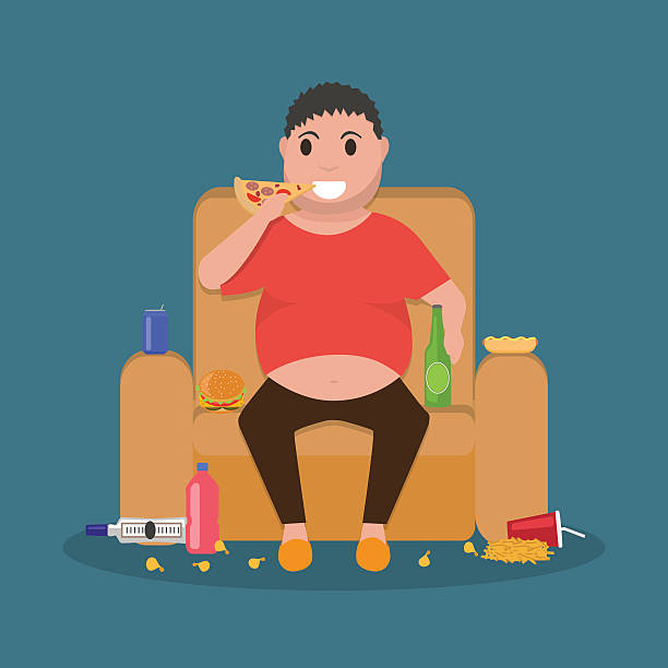 мультфильм толстый человек сидит на диване есть нездоровую пищу - eating men fat overweight stock illustrations