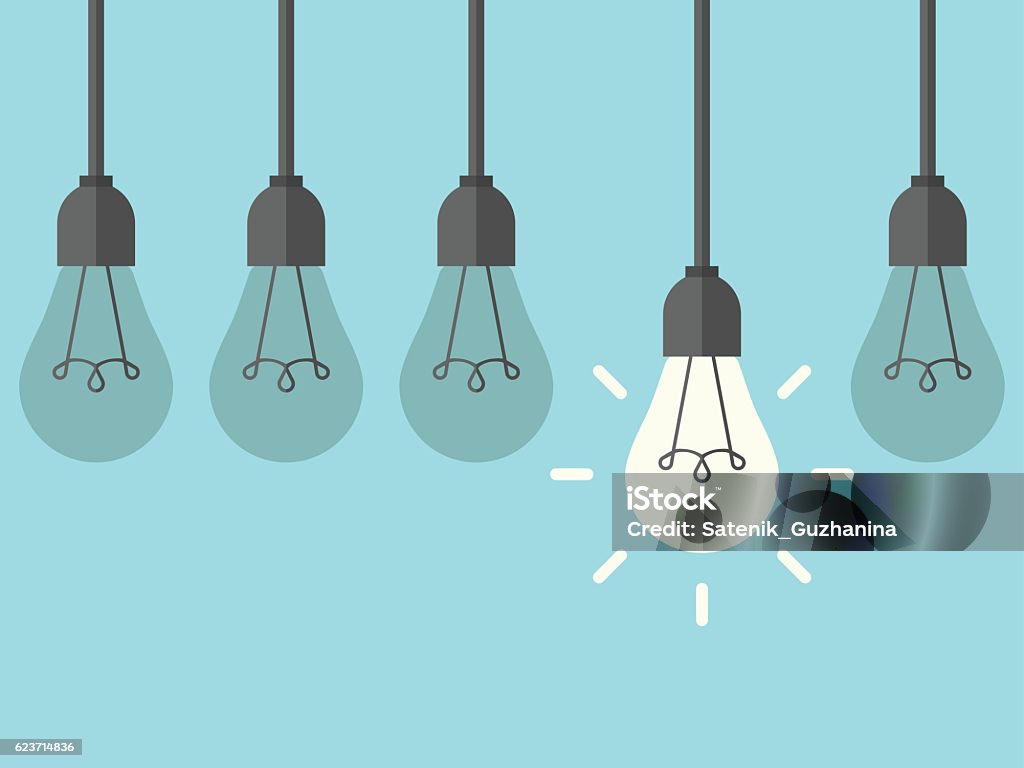 Hanging lightbulb among extinguished Row of five hanging lightbulbs with one burning on blue background. Inspiration, discovery, idea and insight concept. Flat design. Vector illustration. EPS 8, no transparency Light Bulb stock vector