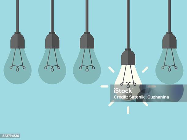 Hanging Lightbulb Among Extinguished Stock Illustration - Download Image Now - Light Bulb, In A Row, Business