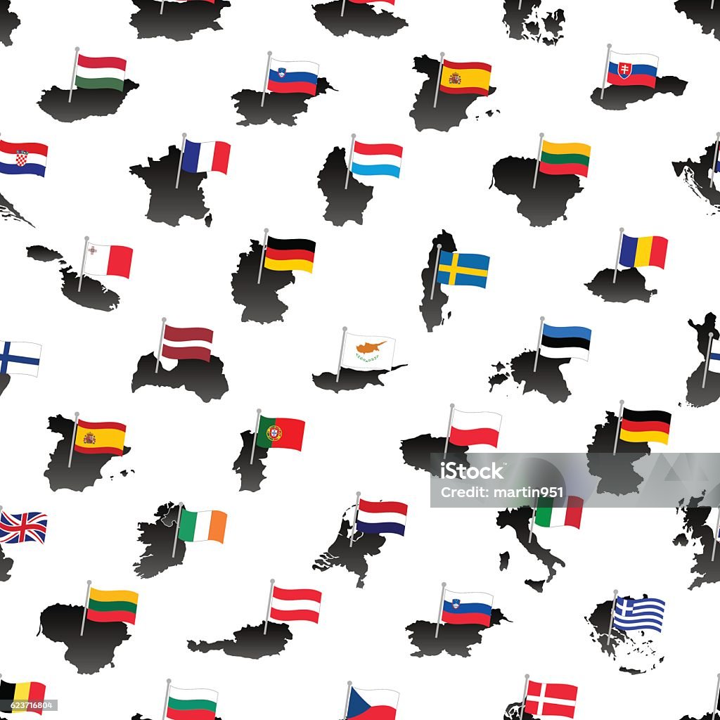 bandiere semplici tutti i paesi dell'Unione Europea su mappe modello senza soluzione di continuità - arte vettoriale royalty-free di Austria