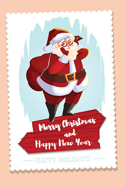 istock Christmas greeting card with Santa Claus holding gift bag 623716938