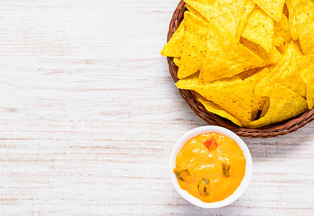 istock Nachos Cheese Dip on Copy Space in Top View 623717726