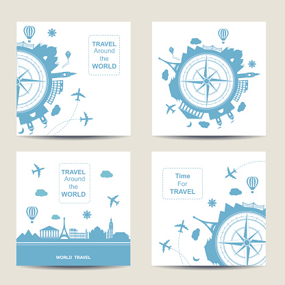 Set of four travel card templates. Square cards. Famouse places. Travel around the world vector illustration. Travelling by plane, airplane trip in various country. Flat icon modern design style poster. Travel banner. Travel agency round icon.