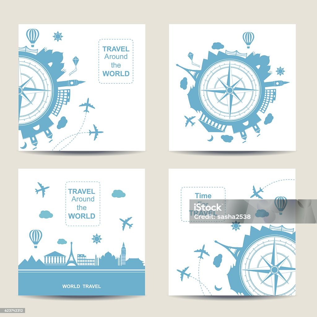 Set of four travel card templates. Square cards Set of four travel card templates. Square cards. Famouse places. Travel around the world vector illustration. Travelling by plane, airplane trip in various country. Flat icon modern design style poster. Travel banner. Travel agency round icon. Globe - Navigational Equipment stock vector