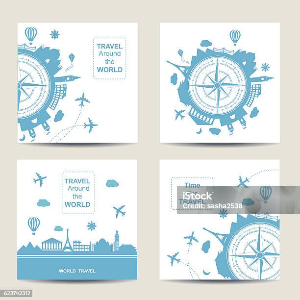 Set Of Four Travel Card Templates Square Cards Stock Illustration - Download Image Now - Globe - Navigational Equipment, Urban Skyline, Travel