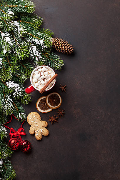 istock Christmas fir tree, hot chocolate and marshmallow 623744792