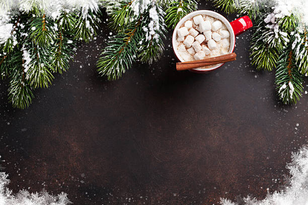 istock Christmas fir tree, hot chocolate and marshmallow 623744918
