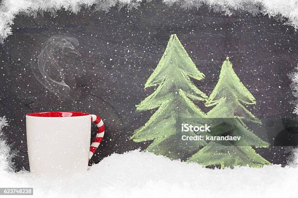 Christmas Hot Drink And Hand Drawn Xmas Fir Tree Stock Photo - Download Image Now - Alcohol - Drink, Celebration, Chalk - Art Equipment