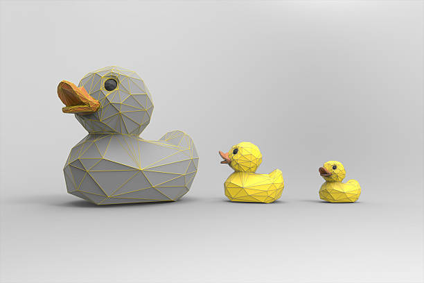 animal low poly rubber ducks family isolated on white background - duckling parent offspring birds imagens e fotografias de stock