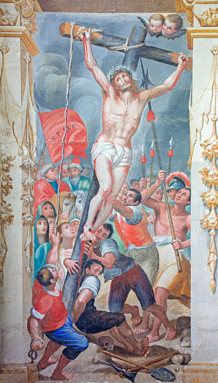 Salamanca, Spain - April 16, 2016: Salamanca - The Elevation of the cross fresco in church of Convento de San Esteban by Antonio  Villamor (1661-1729).