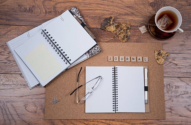 istock Journal Scene with Open Journal Books and Tea 623754102