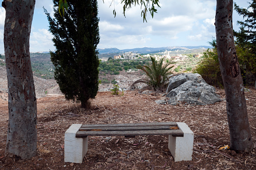 A bench is located at a Christian religious site in Qana, Lebanon, where many believe that Jesus performed his first miracle, changing water to wine at a wedding party.
