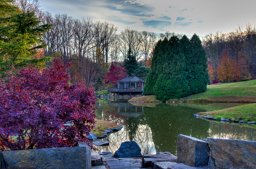 Wheaton, MD, USA - November 15, 2016: The Japanese Teahouse on the lakeside at Brookside Gardens, Wheaton, Maryland.
