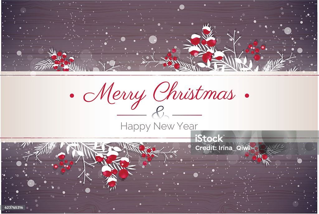 Merry christmas and Happy new year 2017 holiday background. Merry christmas and Happy new year 2017 holiday background. Happy holidays banner with snowflakes. branches, berries and christmas decoration isolated on wooden background. Greeting card. Vector illustration. Christmas Card stock vector