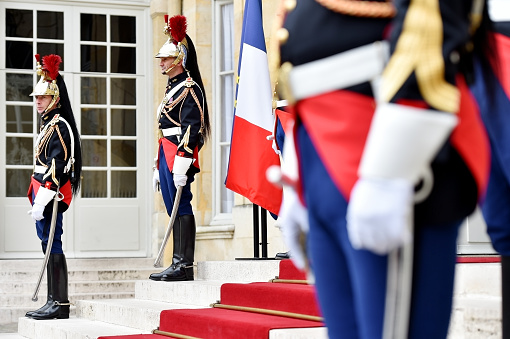 Paris, France - June 10, 2016: Hotel Matignon Republican Guards of honor during a welcome ceremony. Matignon is the official residence of the Prime Minister of France.