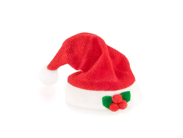 istock Red Santa hat with decoration on white. 623775532