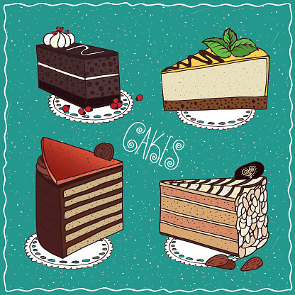 Set of different cakes with Hungarian Dobos torte, Esterhazy with almonds, Chocolate coffee cake with layers of biscuit, Cheesecake. Handmade cartoon style